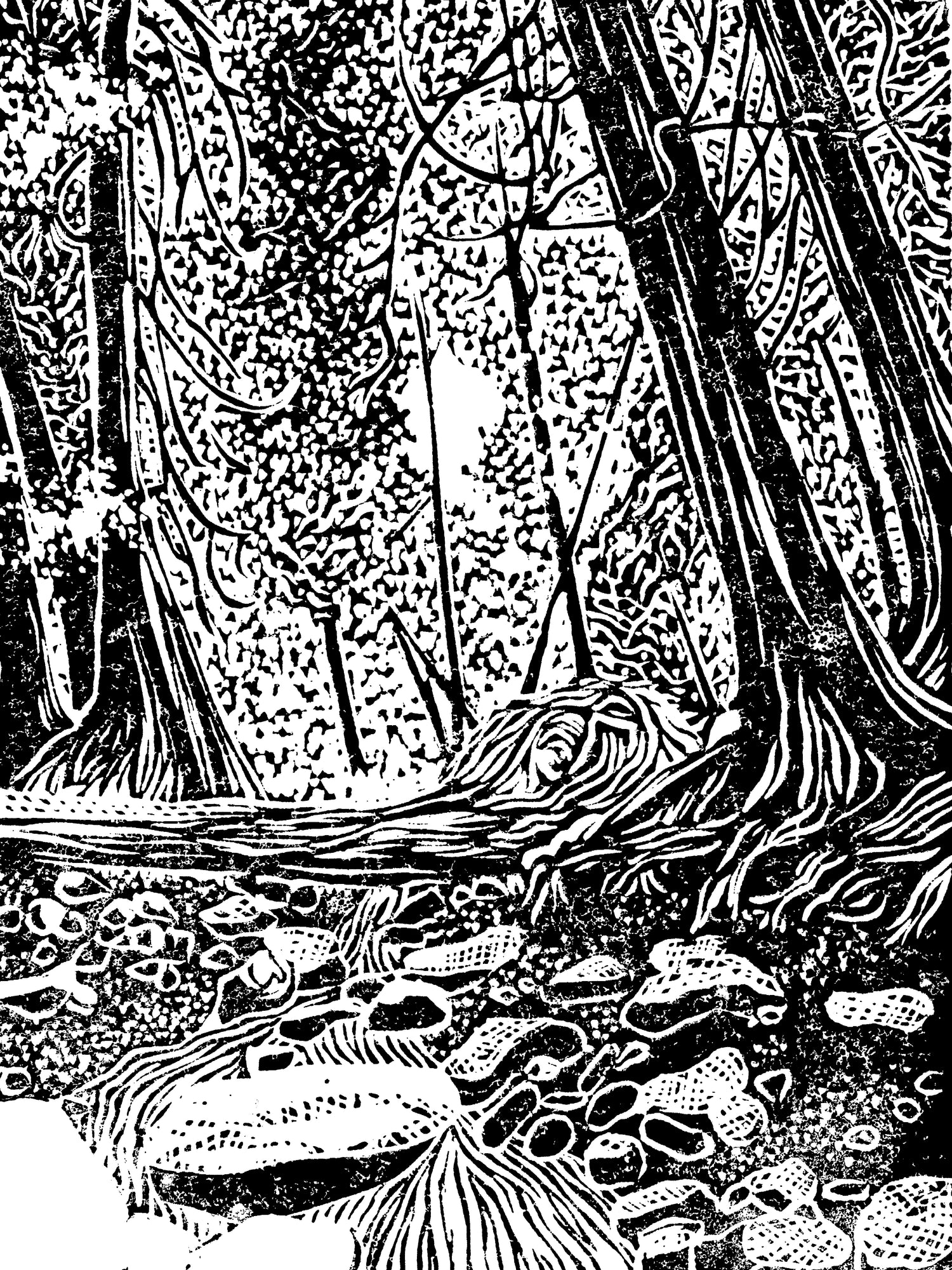 Black and white one-color linoleum block print of a bubbling brook in a cedar forest with a fallen cedar tree and stones in the water's path.