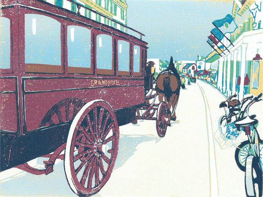 Busy Main is a nine-color 12" x 9" block print inspired by Main Street on Mackinac Island in July. Complete with bikes, a horse-drawn Grand Hotel Carriage and tourists, or "fudgies," this print captures the flow of traffic on the island.