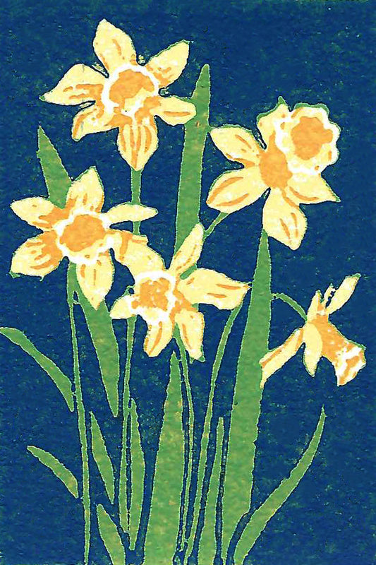 Daffodils is a 2"x3" four-color reduction block print inspired by the joyful spring blooms.