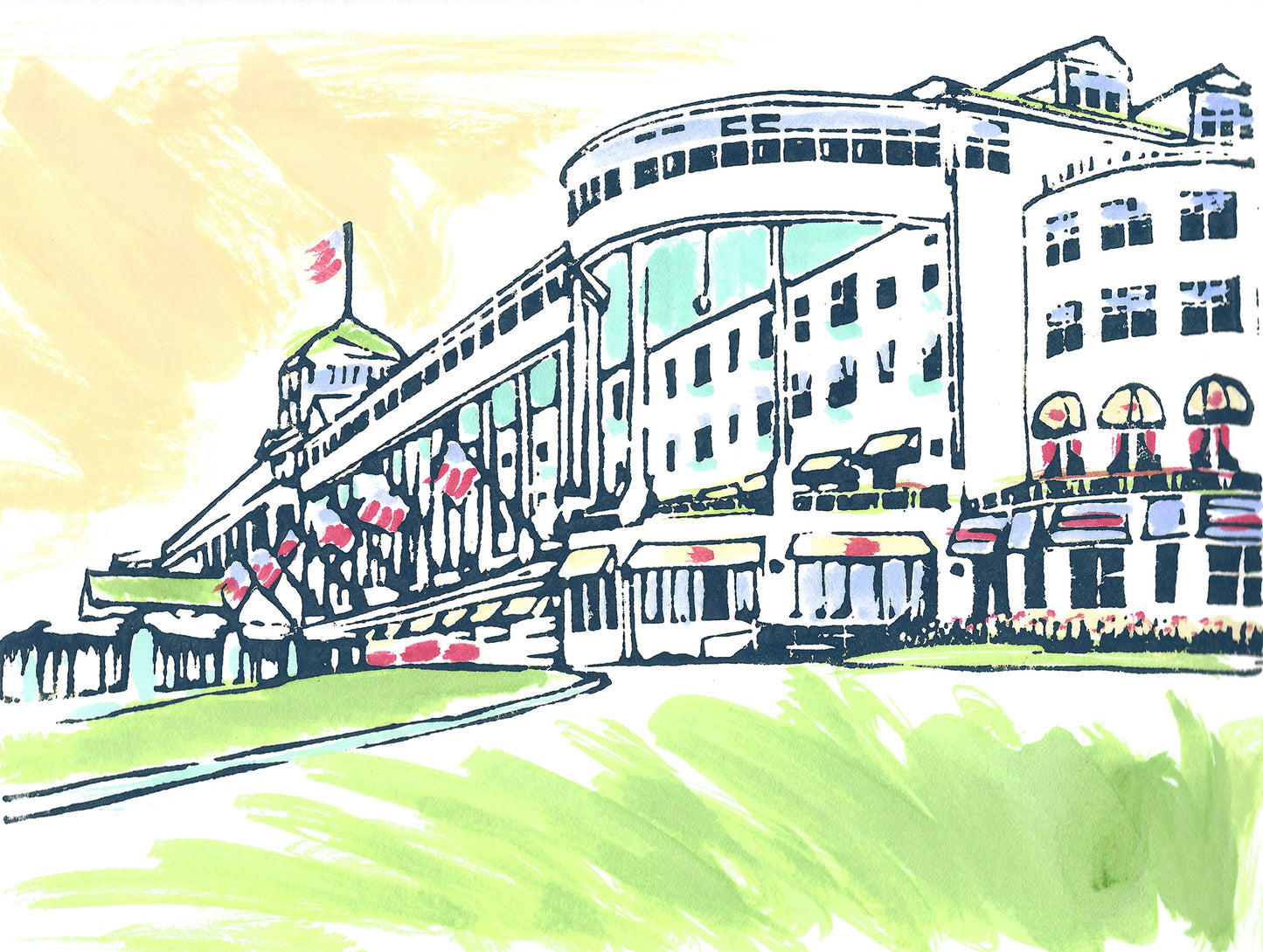 Celebrate the beauty of Mackinac Island with "Painted Grand," a signed, original multi-color, hand-colored block print by Natalia Wohletz of Peninsula Prints carved and printed in Michigan. The design is inspired by Mackinac Island's historic Grand Hotel.