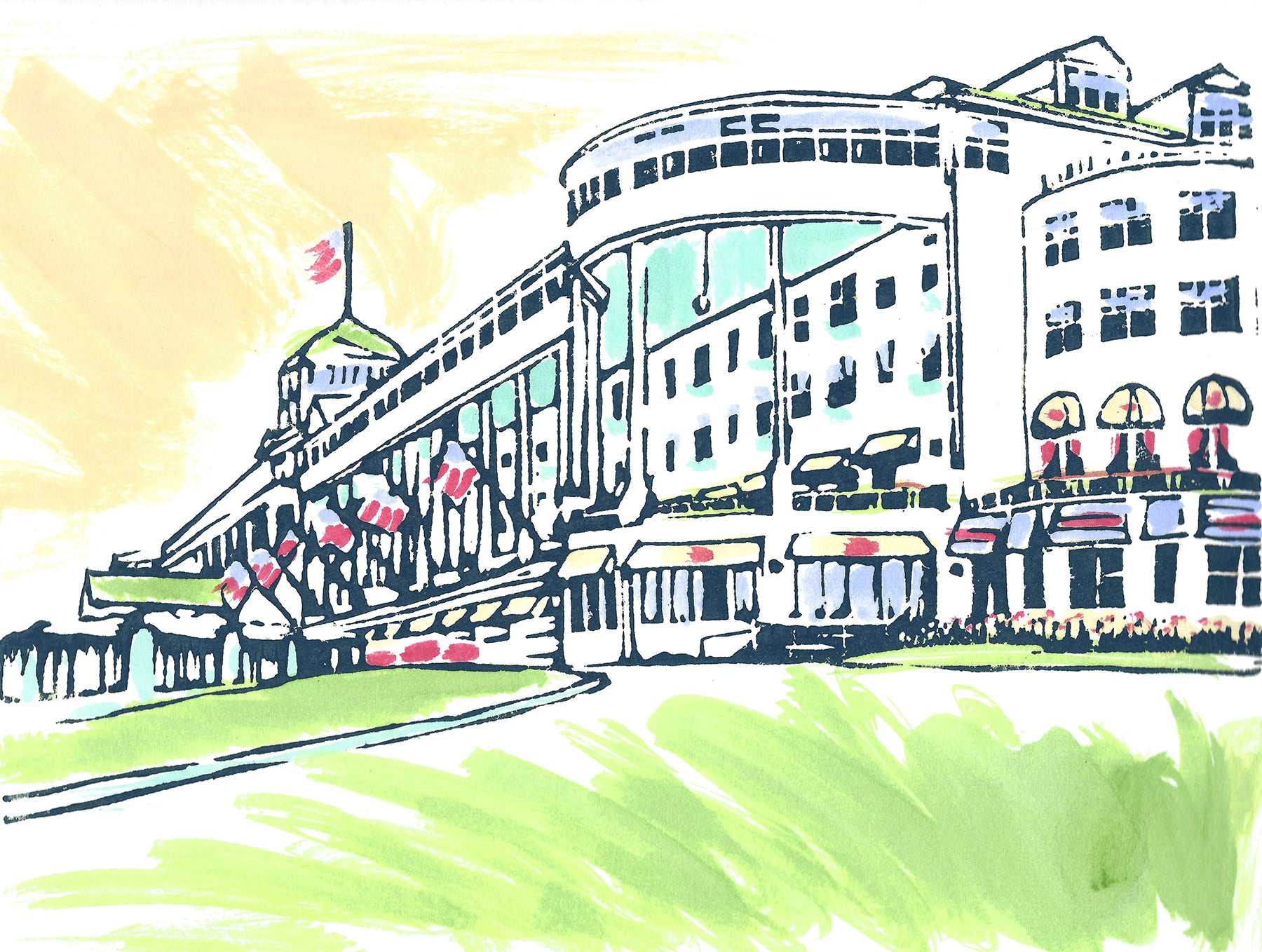 Celebrate the beauty of Mackinac Island with "Painted Grand," a signed, original multi-color, hand-colored block print by Natalia Wohletz of Peninsula Prints carved and printed in Michigan. The design is inspired by Mackinac Island's historic Grand Hotel.