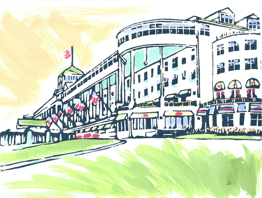 Celebrate the beauty of Mackinac Island with "Painted Grand," a signed, original multi-color, hand-colored block print by Natalia Wohletz of Peninsula Prints carved and printed in Michigan. The design is inspired by Mackinac Island's historic Grand Hotel.