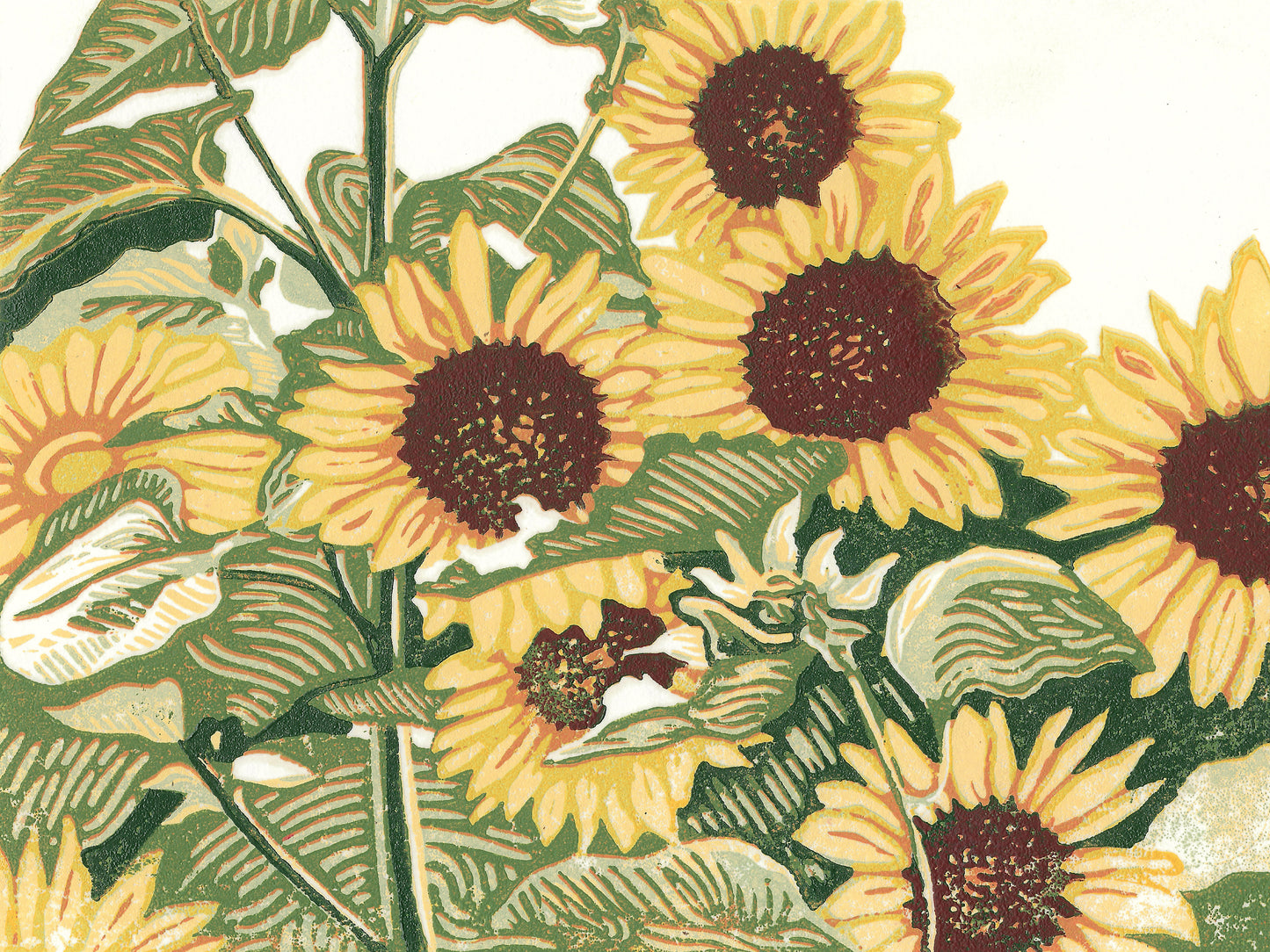 A multicolor block print of seven bright yellow sunflowers stand in a patch.