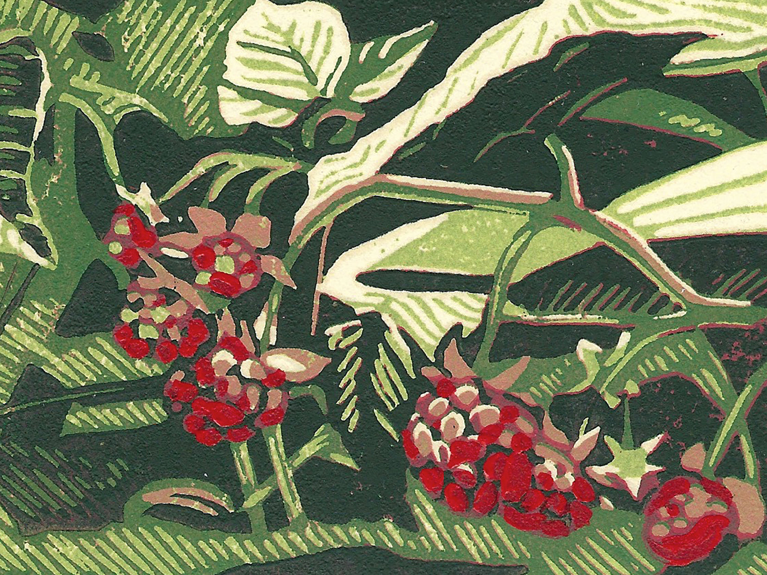 Wild Raspberries reduction block print featuring ripe red berries on a textured green vine.