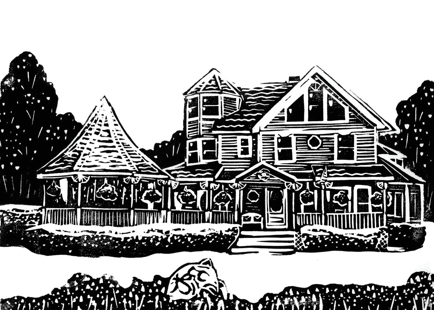 Commissioned 8x10 block print house portrait of a cottage on Mackinac Island.