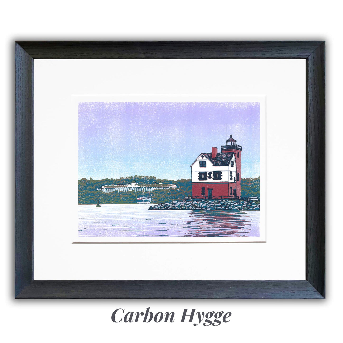 Rounding the Island is an 8-color reduction block print featuring a unique view of Round Island Lighthouse with Grand Hotel in the background. Matted and frame in the Carbon Hygge frame option.