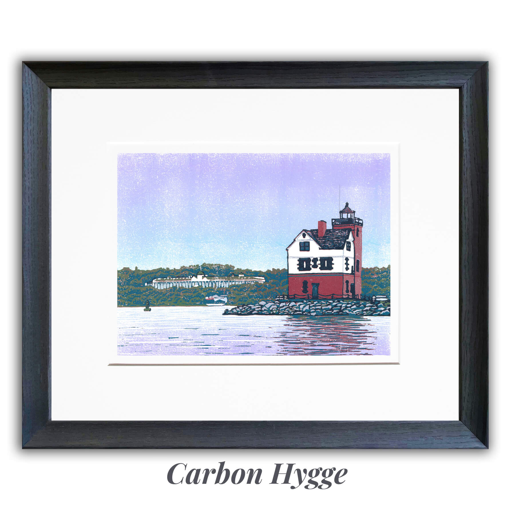 Rounding the Island is an 8-color reduction block print featuring a unique view of Round Island Lighthouse with Grand Hotel in the background. Matted and frame in the Carbon Hygge frame option.