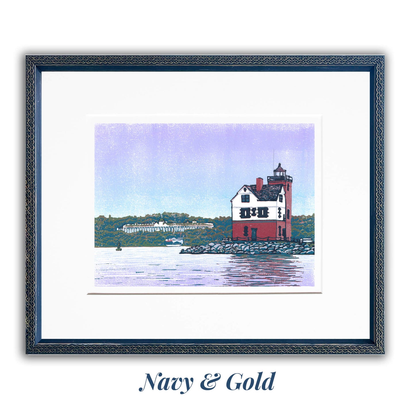 Rounding the Island is an 8-color reduction block print featuring a unique view of Round Island Lighthouse with Grand Hotel in the background. Matted and frame in the Navy & gold frame option.