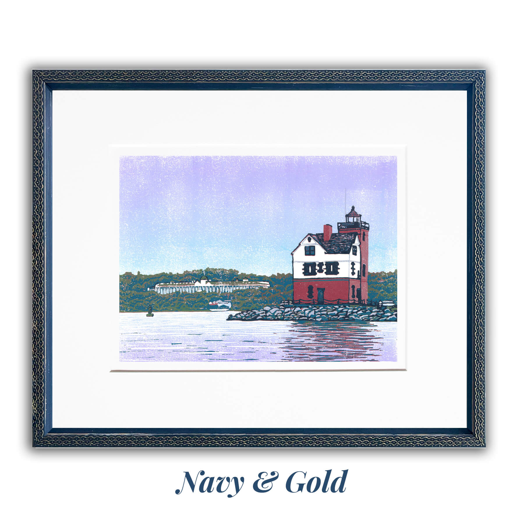 Rounding the Island is an 8-color reduction block print featuring a unique view of Round Island Lighthouse with Grand Hotel in the background. Matted and frame in the Navy & gold frame option.