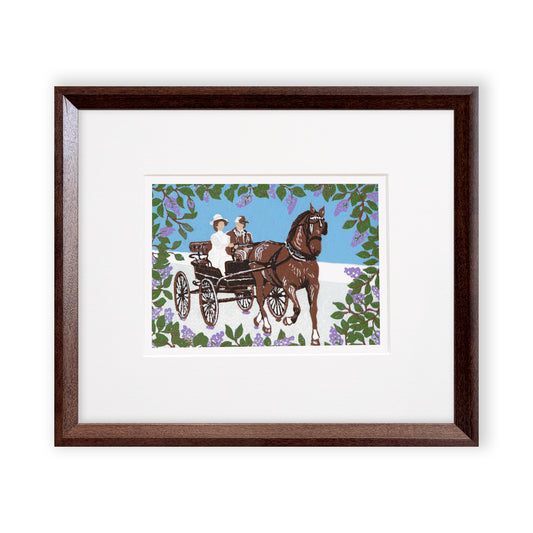 "Somewhere in Time Carriage Ride" is a 5"x7" seven-color reduction block print by Natalia Wohletz of Jane Seymour and Christopher Reeve riding in a carriage surrounded by blooming lilacs in the film "Somewhere in Time" on Mackinac Island. Matted in a white mat and framed in a narrow walnut frame.