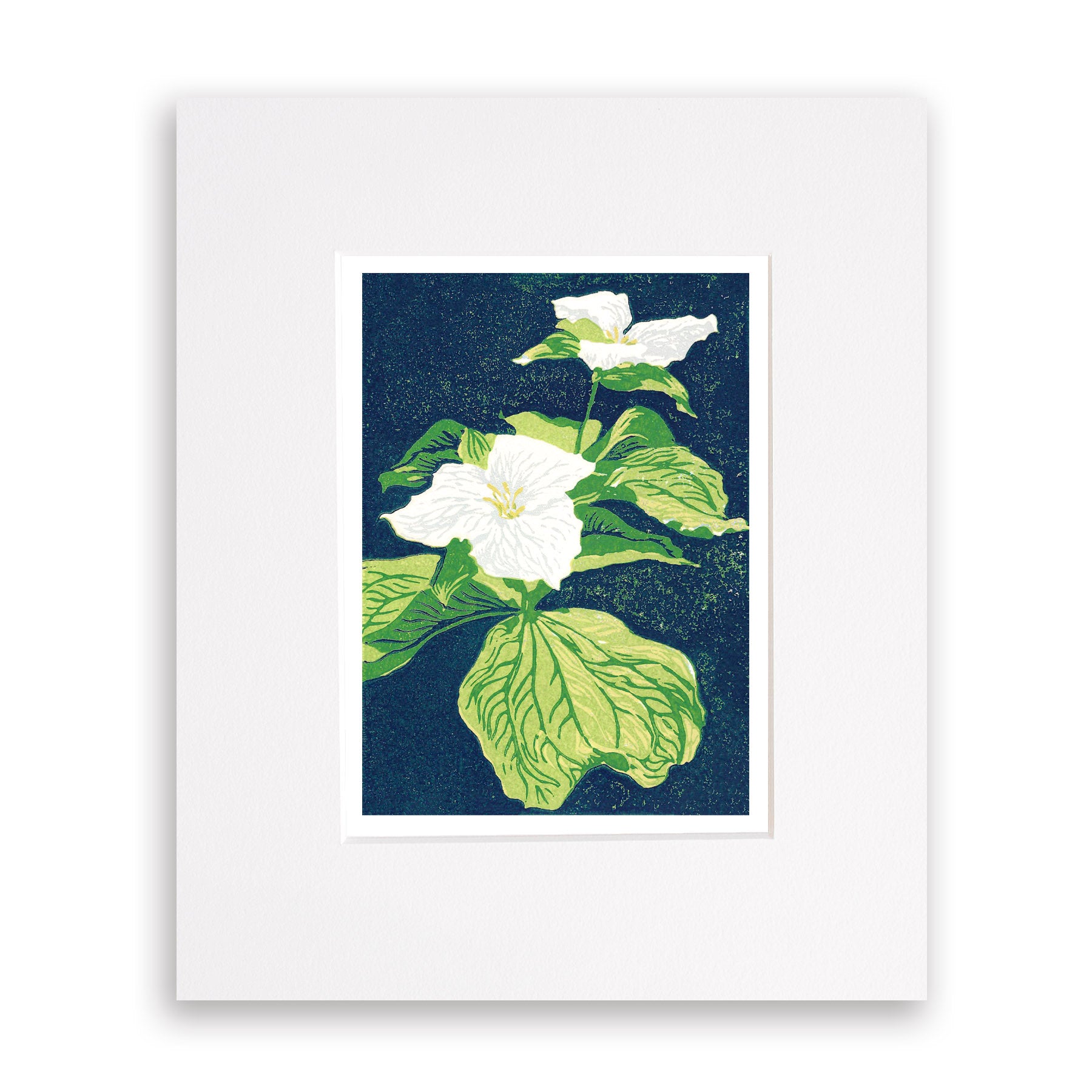 A multicolor block print of two trillium wildflowers with vibrant green leaves and a navy blue background by Peninsula Prints. Matted with white mat.