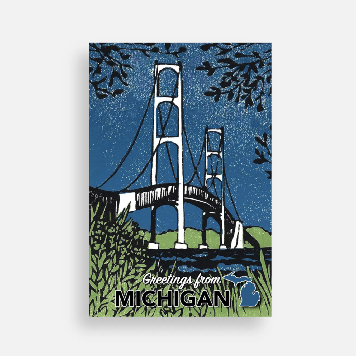Post card with a block print design of the Mackinac Bridge and 'Greetings from Michigan' text on a blue background