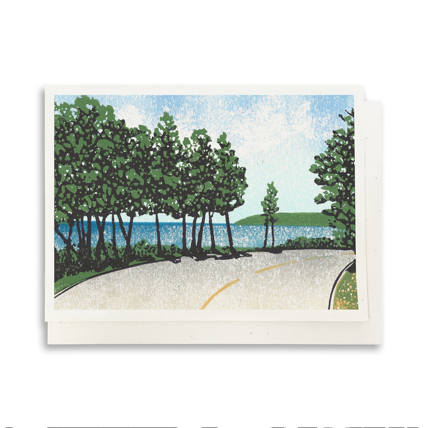 A casually elegant card featuring Mackinac Island art by Natalia Wohletz titled Bend by the Bay..