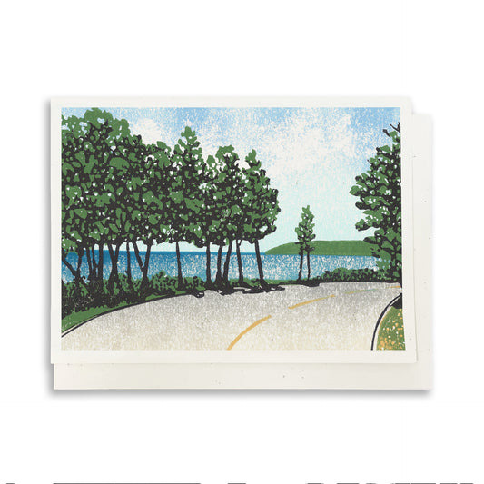 A casually elegant card featuring Mackinac Island art by Natalia Wohletz titled Bend by the Bay..