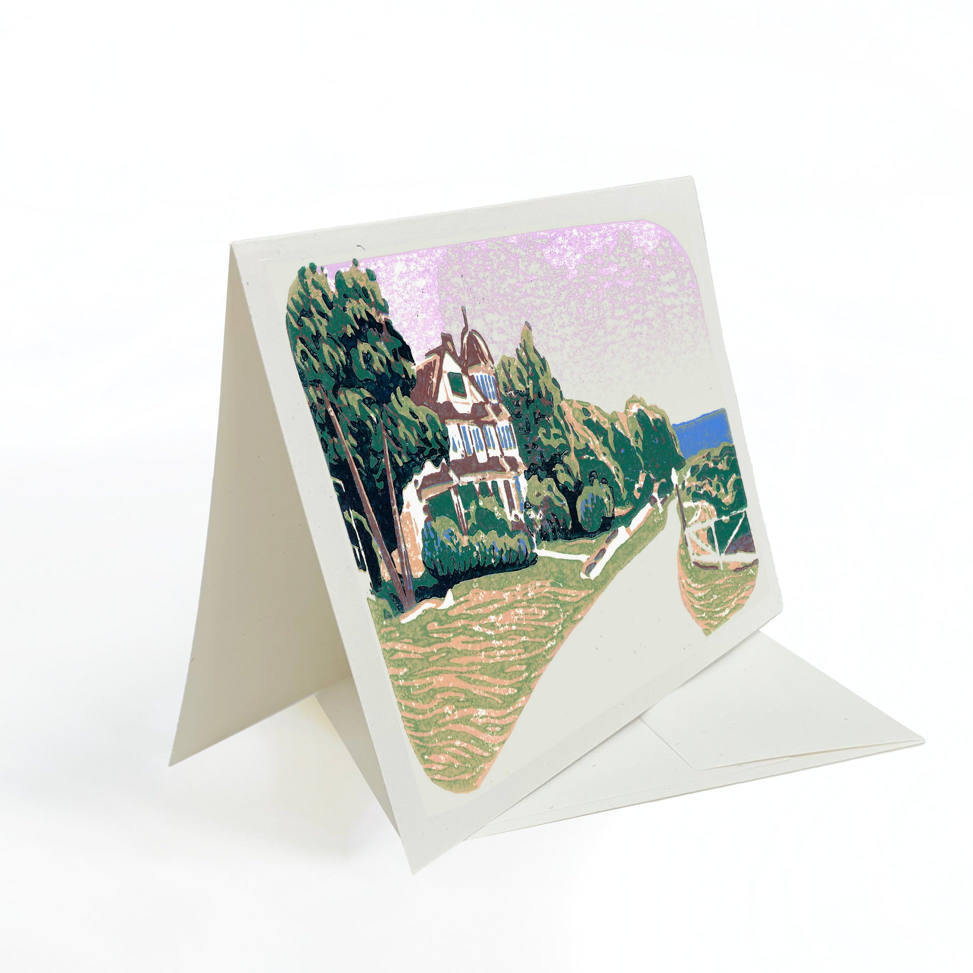 A casually elegant card featuring Mackinac Island art by Natalia Wohletz titled East Bluff Glow.
