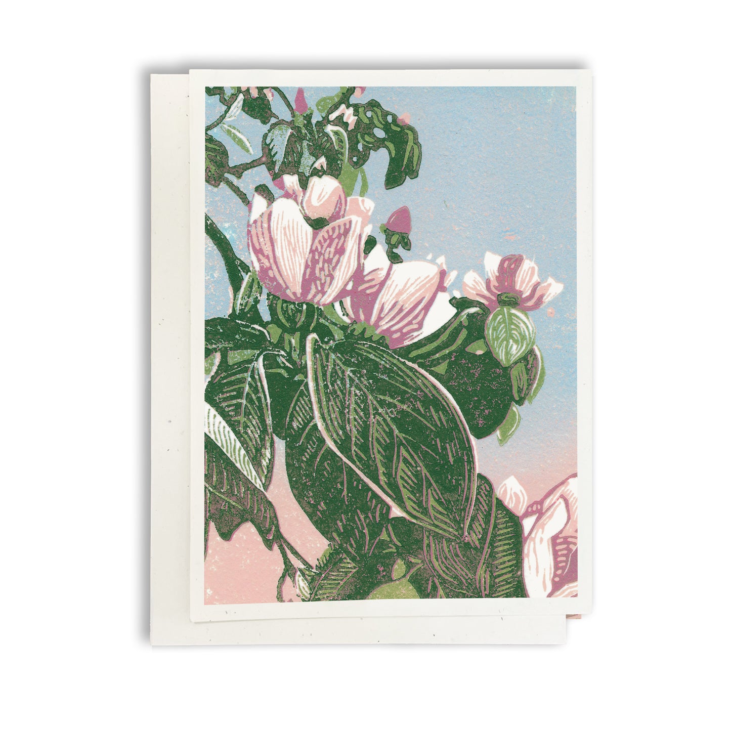 A casually elegant card featuring a digital reproductions of Natalia Wohletz's block print design titled En el Jardin.