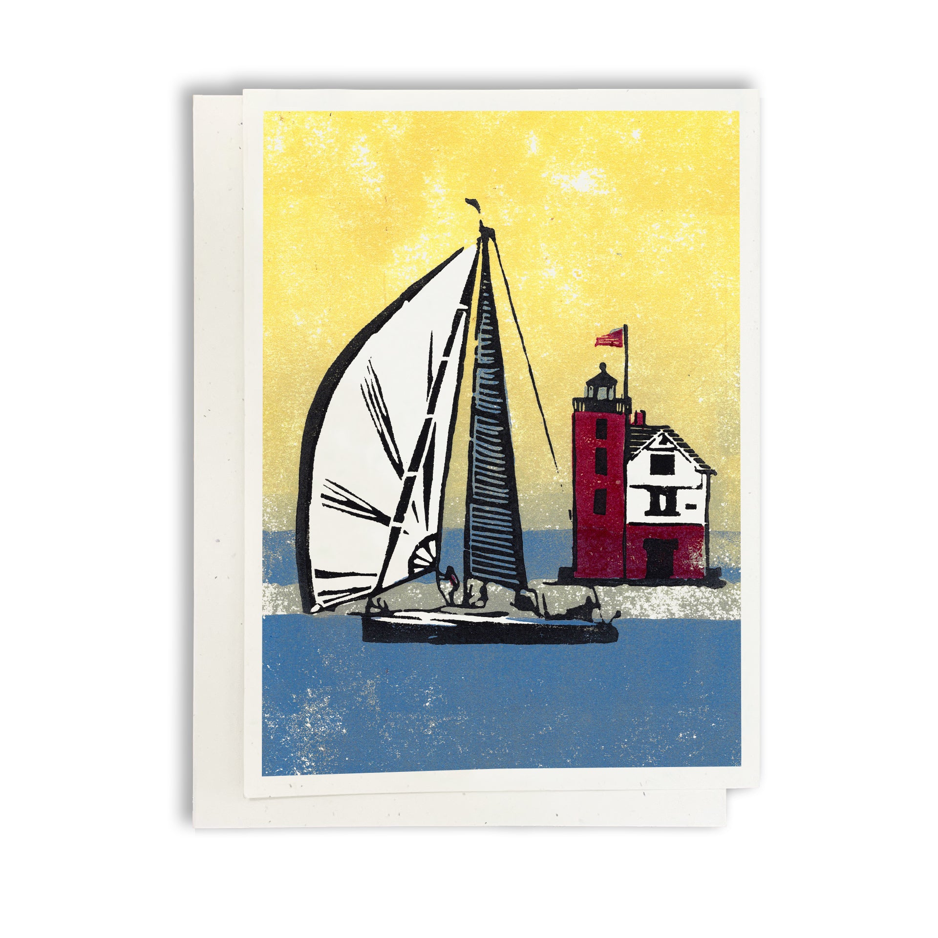A casually elegant card featuring sailing and lighthouse art by Natalia Wohletz titled Foggy Finish.