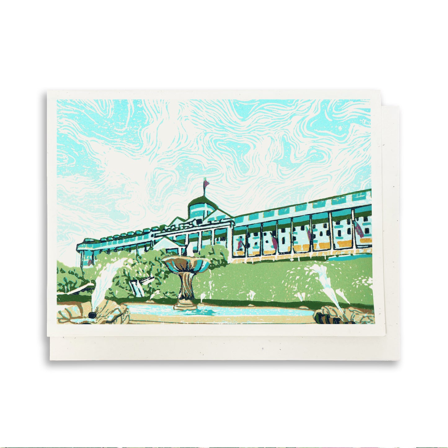 A casually elegant card featuring Mackinac Island art by Natalia Wohletz titled Grand Fountain.