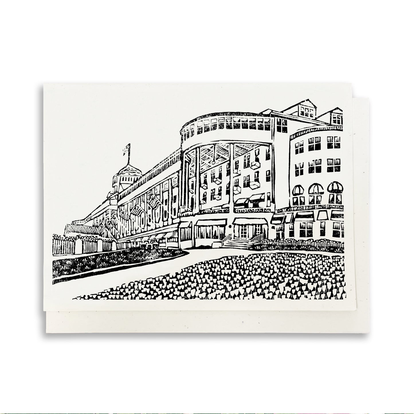 A casually elegant card featuring Mackinac Island art by Natalia Wohletz titled Grand Hotel.