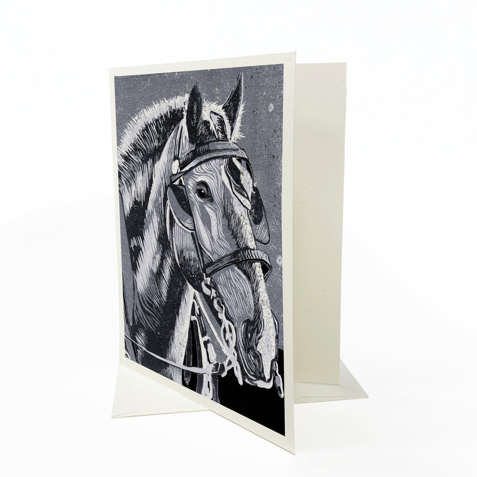 A casually elegant card featuring Mackinac Island horses art by Natalia Wohletz of Peninsula Prints titled Horse in Monochrome.