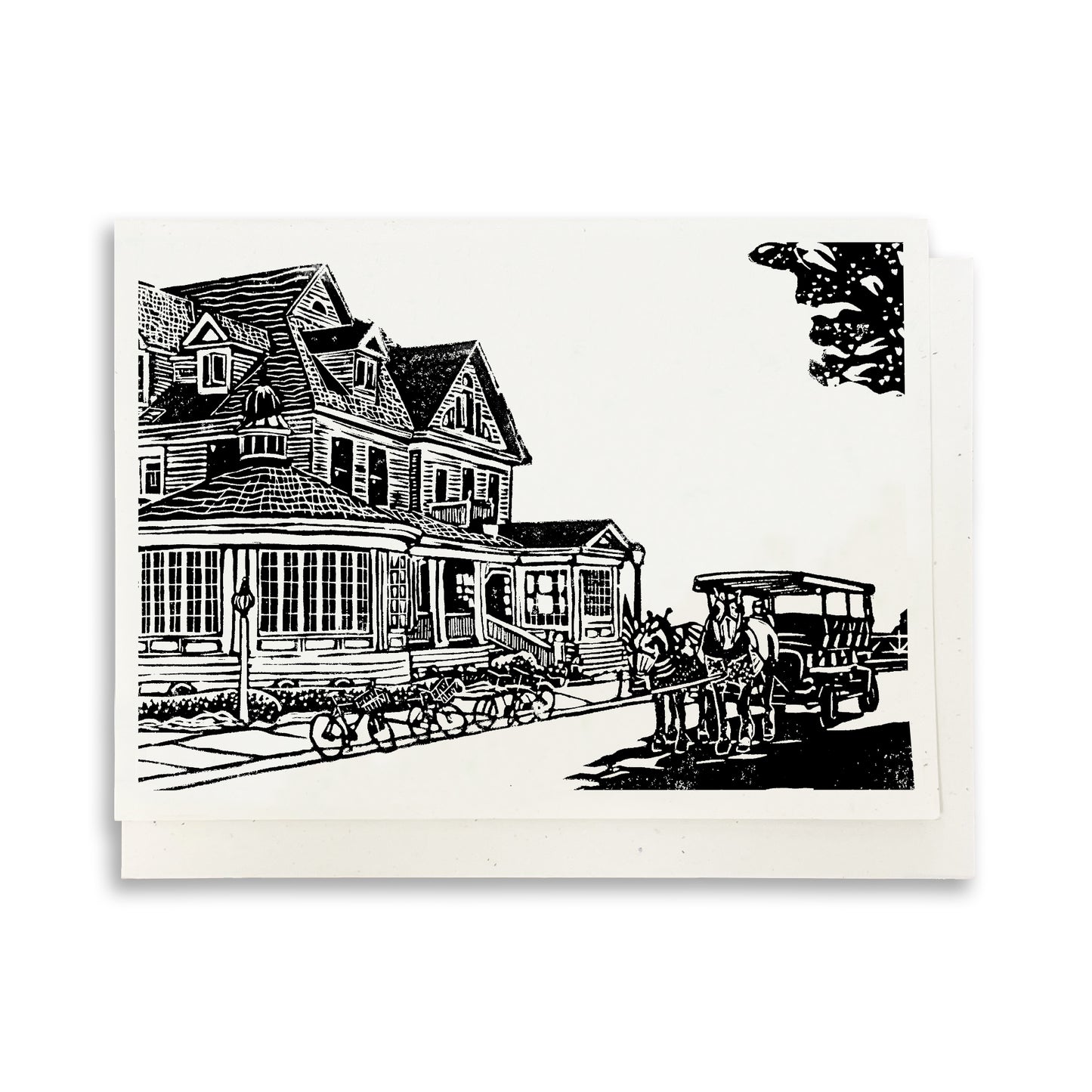 A casually elegant card featuring Mackinac Island art by Natalia Wohletz titled Hotel Iroquois.