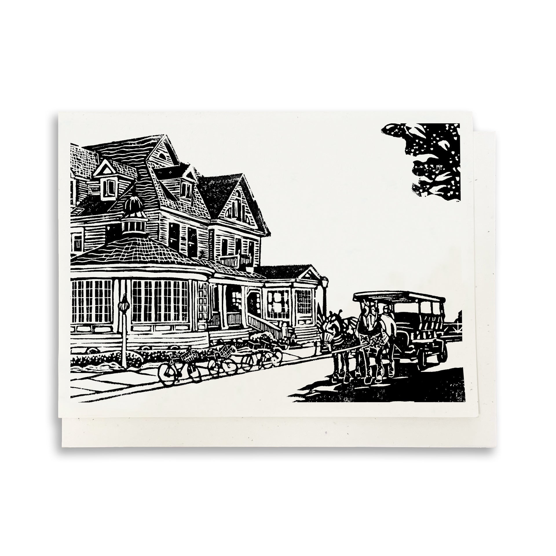 A casually elegant card featuring Mackinac Island art by Natalia Wohletz titled Hotel Iroquois.