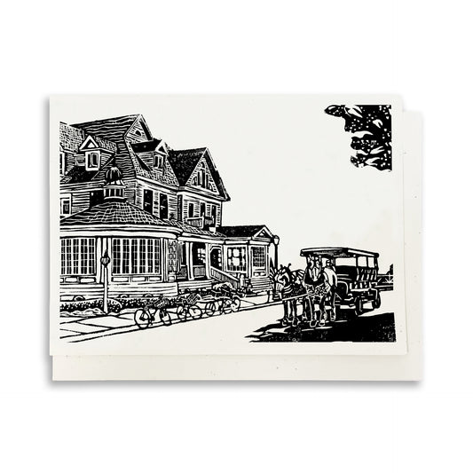 A casually elegant card featuring Mackinac Island art by Natalia Wohletz titled Hotel Iroquois.
