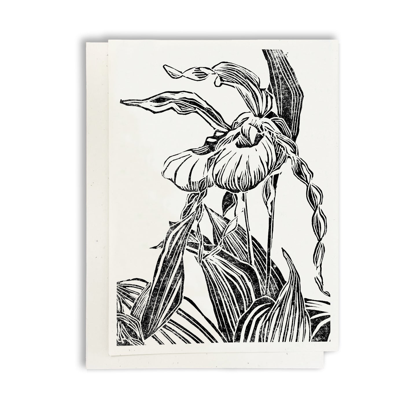 A casually elegant card featuring a digital reproduction of Natalia Wohletz’s block print design: Lady's Slipper Pair.