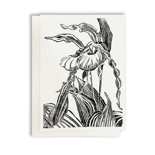 A casually elegant card featuring a digital reproduction of Natalia Wohletz’s block print design: Lady's Slipper Pair.