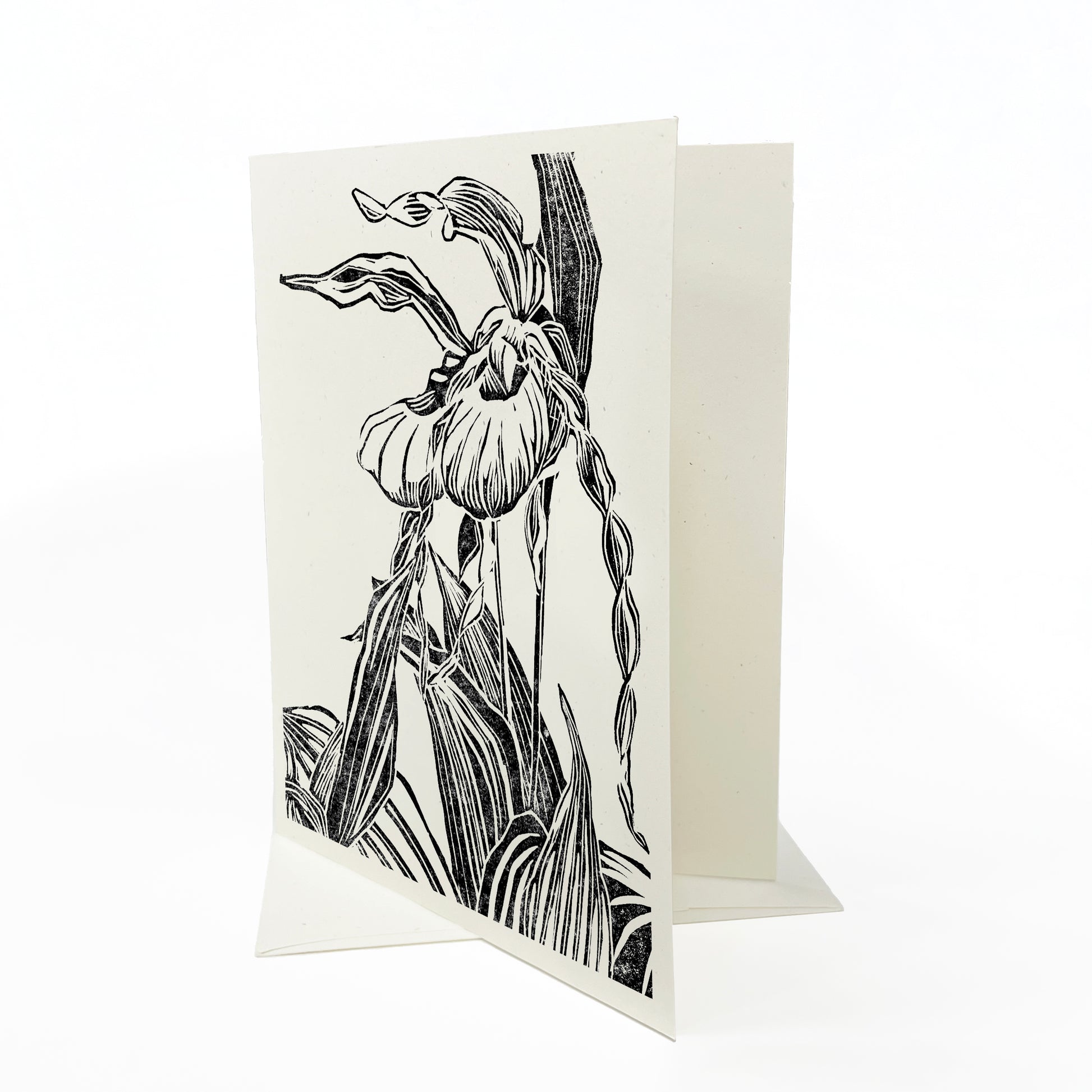 A casually elegant card featuring a digital reproduction of Natalia Wohletz’s block print design: Lady's Slipper Pair.