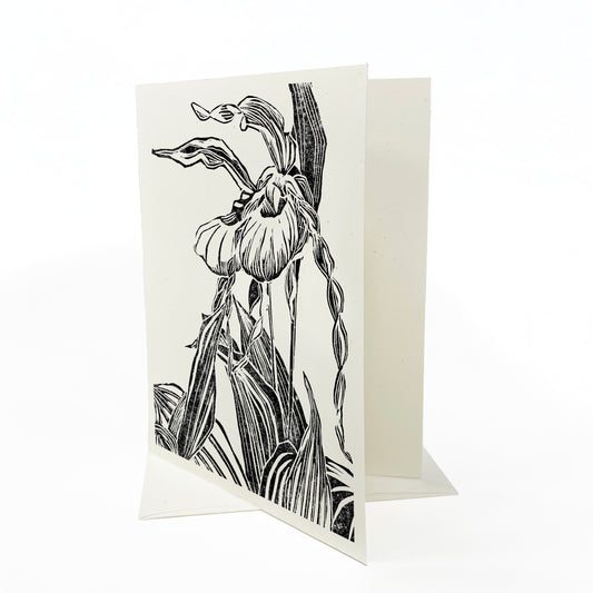 A casually elegant card featuring a digital reproduction of Natalia Wohletz’s block print design: Lady's Slipper Pair.