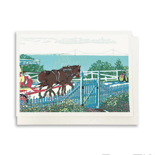 A casually elegant card featuring Mackinac Island art by Natalia Wohletz titled Mackinac Garden Gate.
