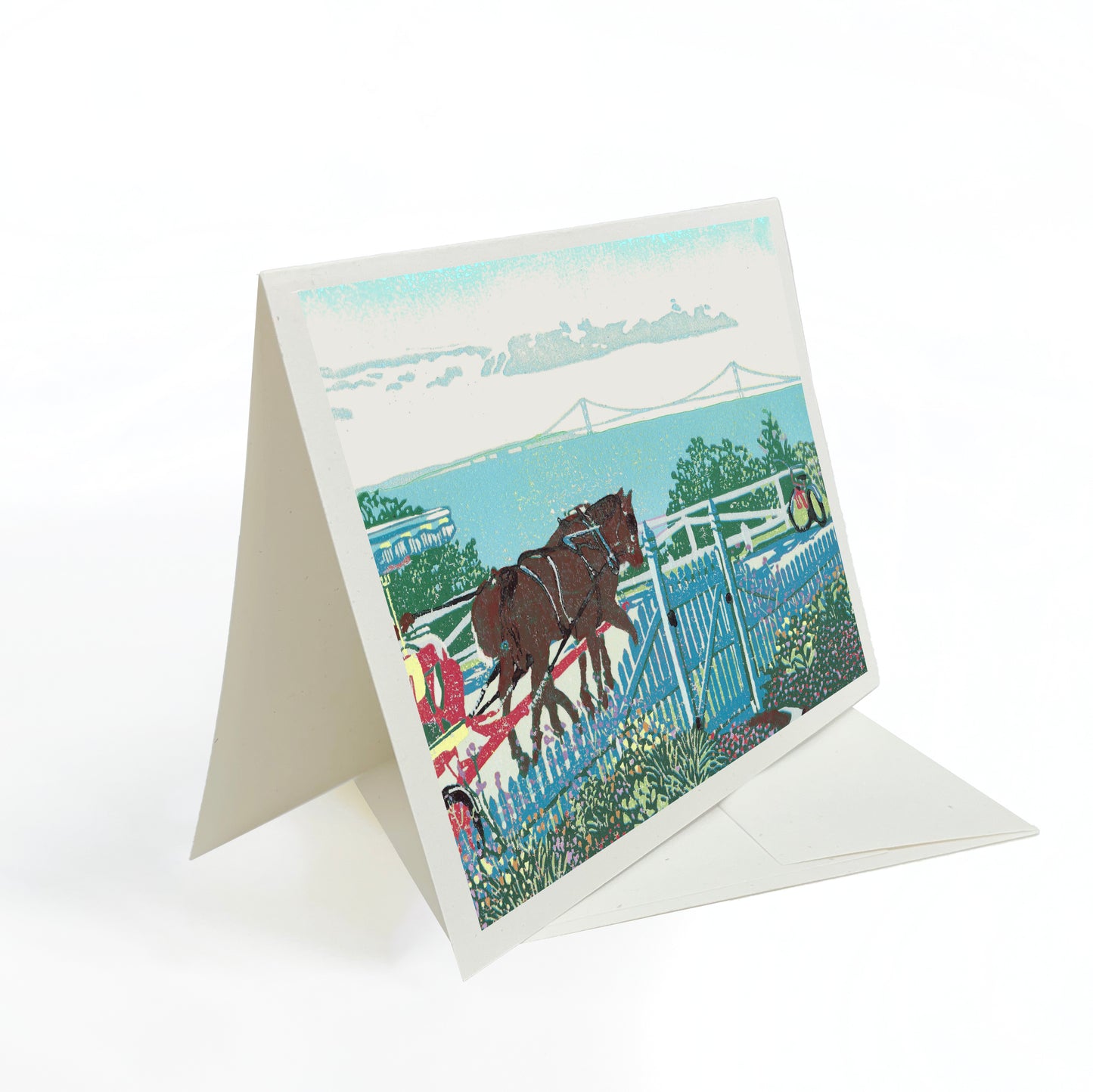 A casually elegant card featuring Mackinac Island art by Natalia Wohletz titled Mackinac Garden Gate.