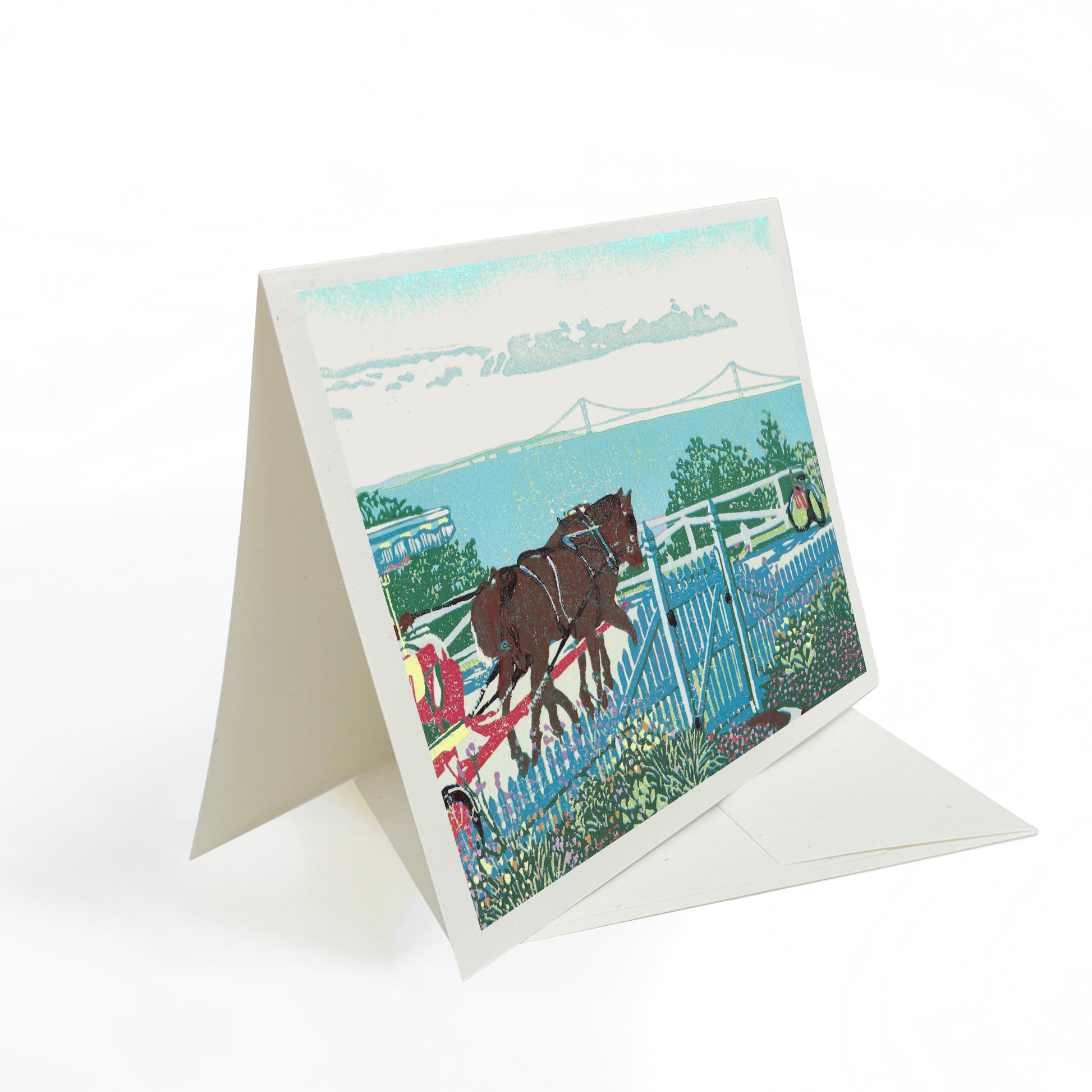 A casually elegant card featuring Mackinac Island art by Natalia Wohletz titled Mackinac Garden Gate.