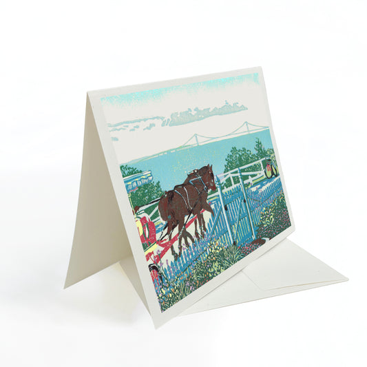 A casually elegant card featuring Mackinac Island art by Natalia Wohletz titled Mackinac Garden Gate.