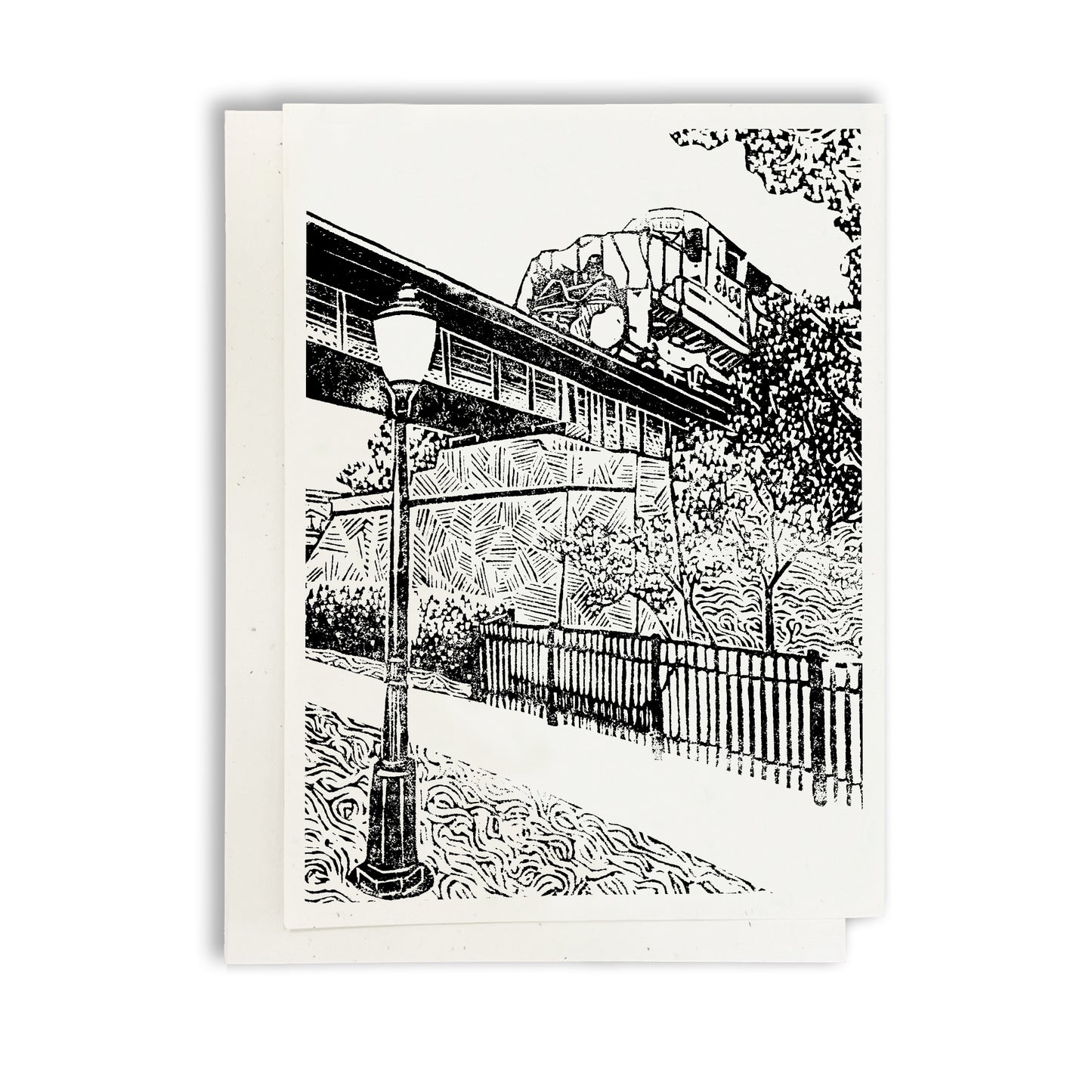 A casually elegant card featuring Milford, Michigan, art by Natalia Wohletz titled Milford Train.