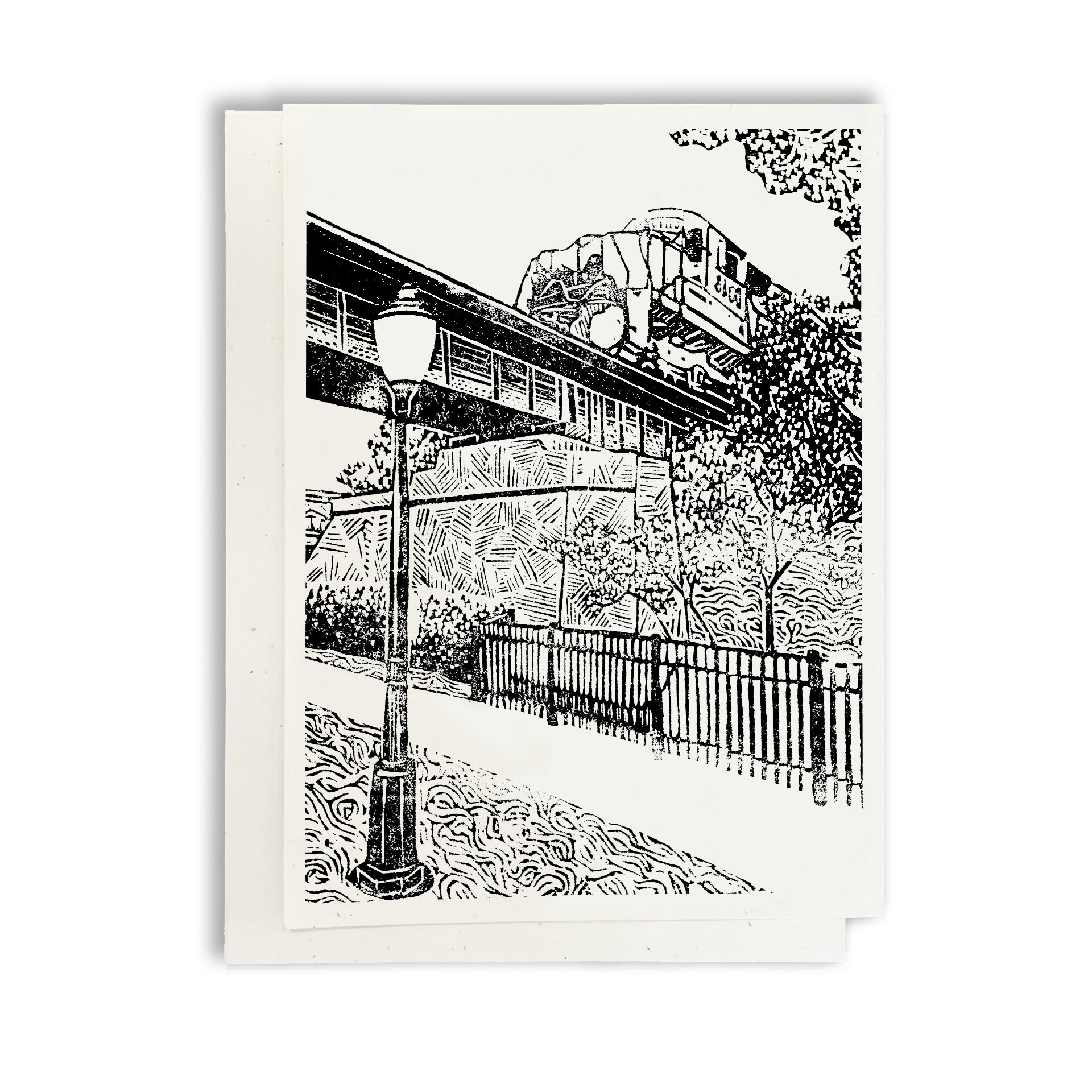 A casually elegant card featuring Milford, Michigan, art by Natalia Wohletz titled Milford Train.