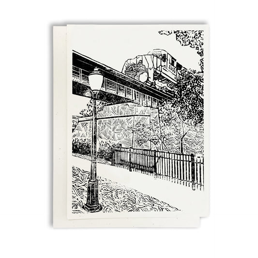 A casually elegant card featuring Milford, Michigan, art by Natalia Wohletz titled Milford Train.