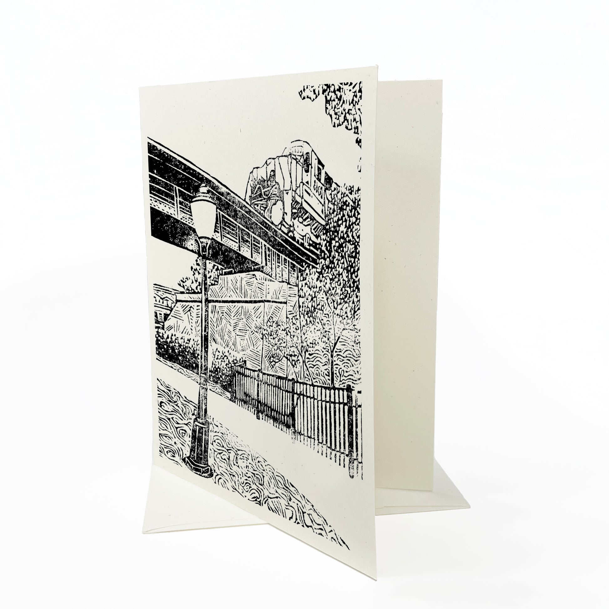 A casually elegant card featuring Milford, Michigan, art by Natalia Wohletz titled Milford Train.