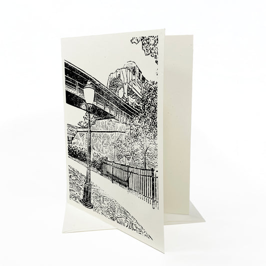 A casually elegant card featuring Milford, Michigan, art by Natalia Wohletz titled Milford Train.