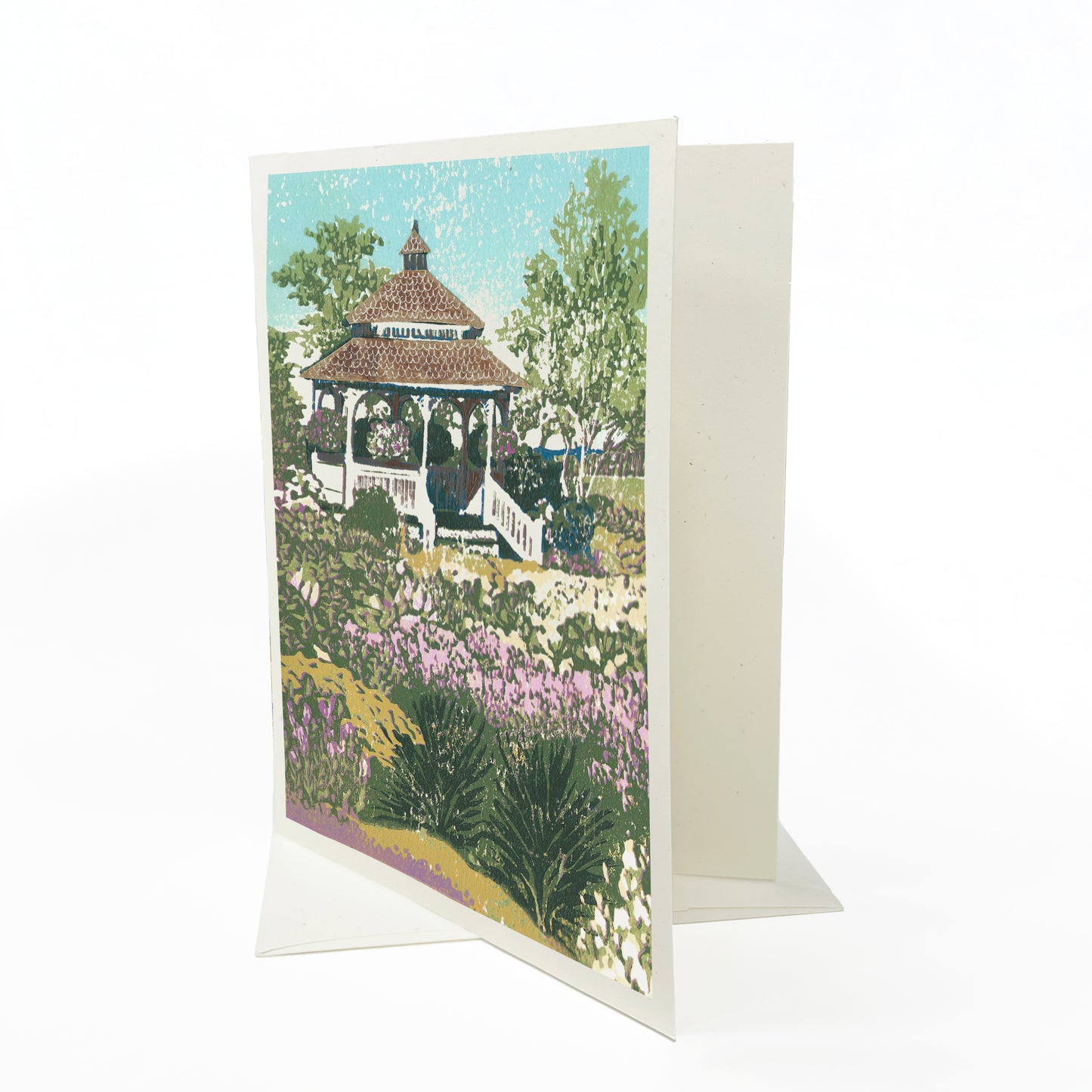 A casually elegant card featuring Mackinac Island art by Natalia Wohletz of Peninsula Prints title Mission Point Gazebo.