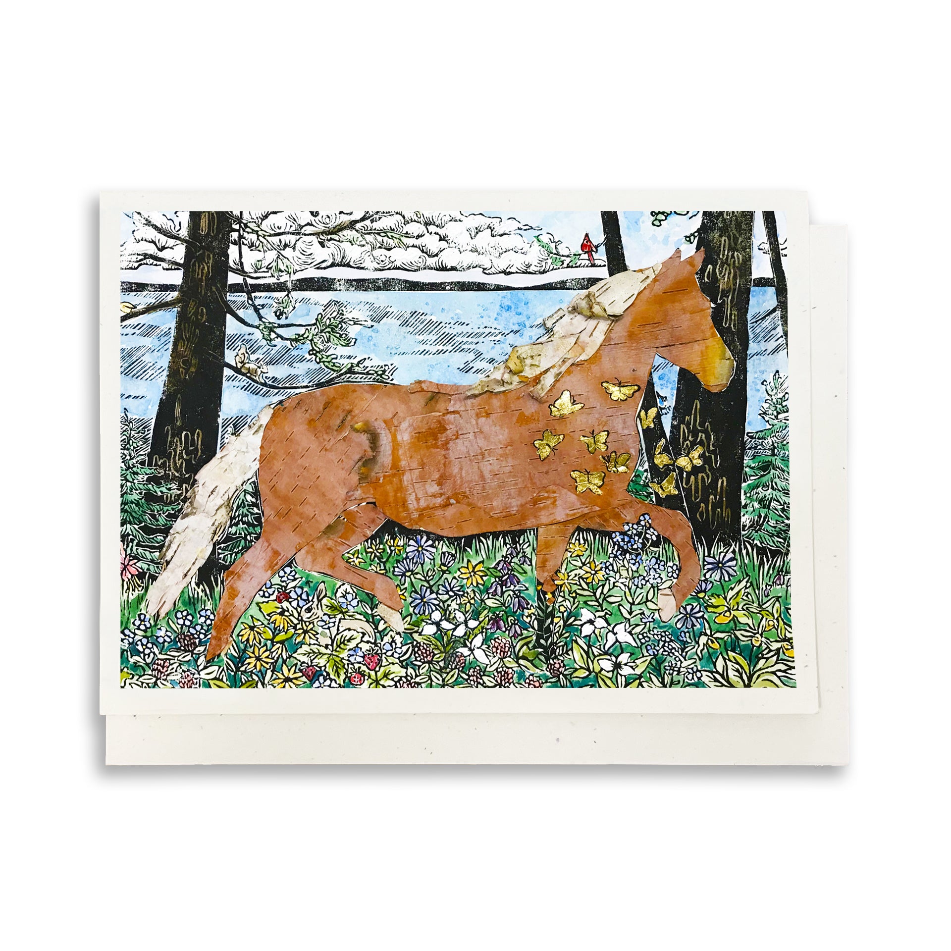 A casually elegant card featuring horse art by Natalia Wohletz titled Morning Frolic.