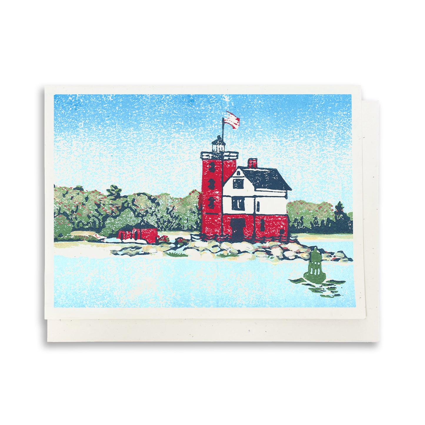 A casually elegant card featuring Round Island Lighthouse art by Natalia Wohletz of Peninsula Prints titled Round Island Light.