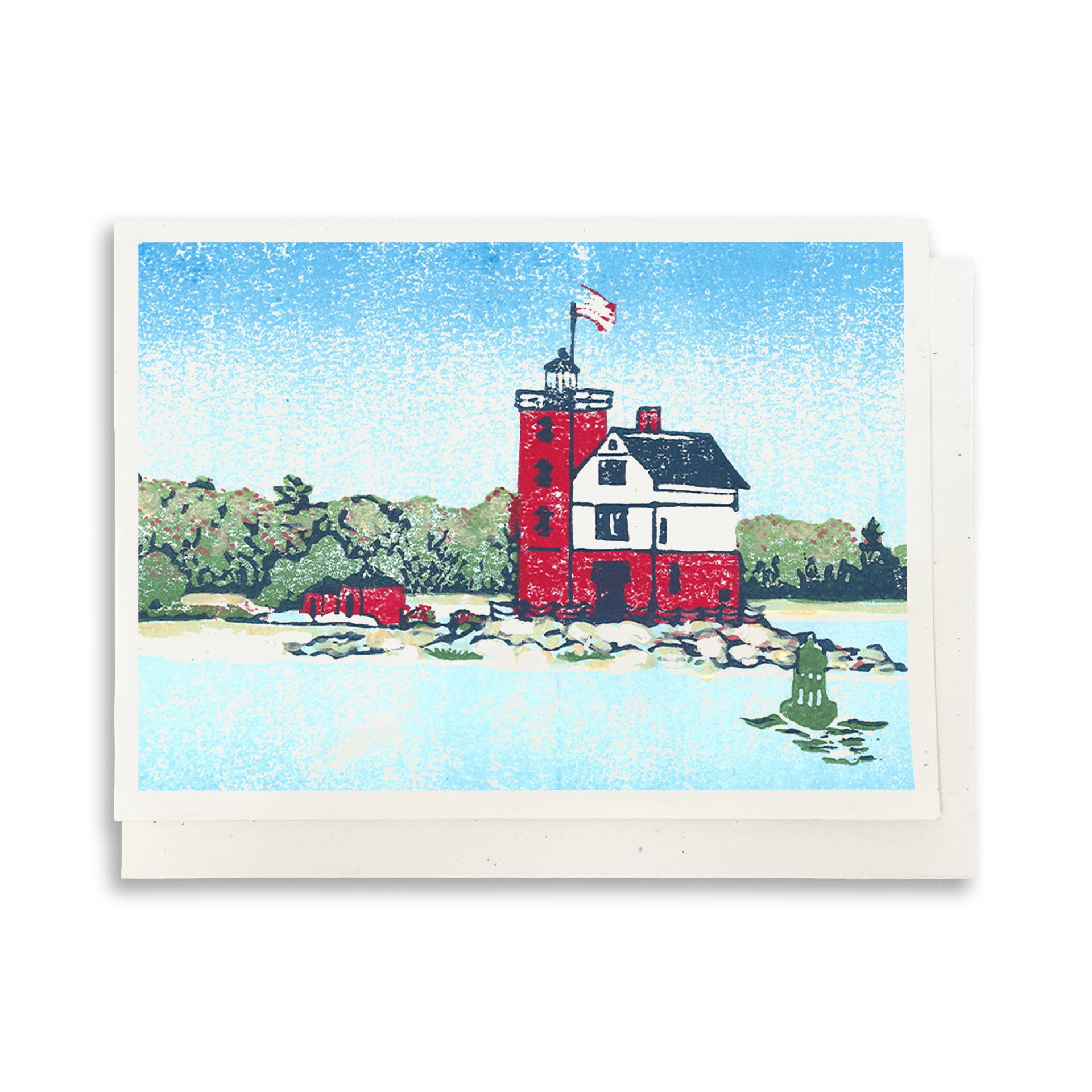 A casually elegant card featuring Round Island Lighthouse art by Natalia Wohletz of Peninsula Prints titled Round Island Light.