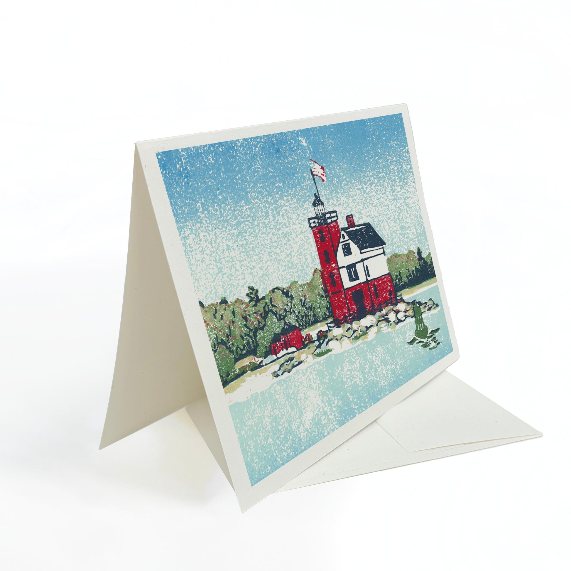A casually elegant card featuring Round Island Lighthouse art by Natalia Wohletz of Peninsula Prints titled Round Island Light.