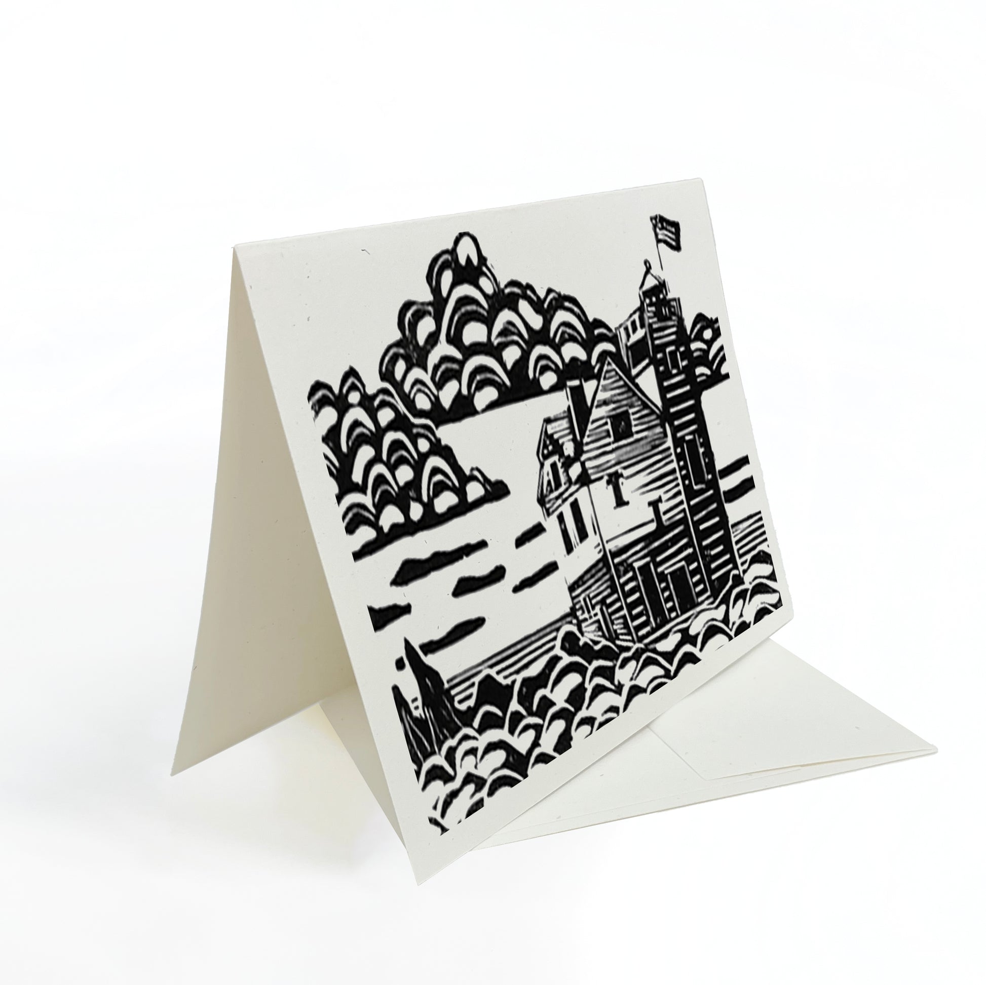 A casually elegant card featuring lighthouse art by Natalia Wohletz of Peninsula Prints titled Round Island Lighthouse.