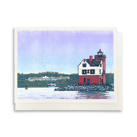 A casually elegant card featuring Round Island Lighthouse art by Natalia Wohletz of Peninsula Prints titled Rounding the Island.