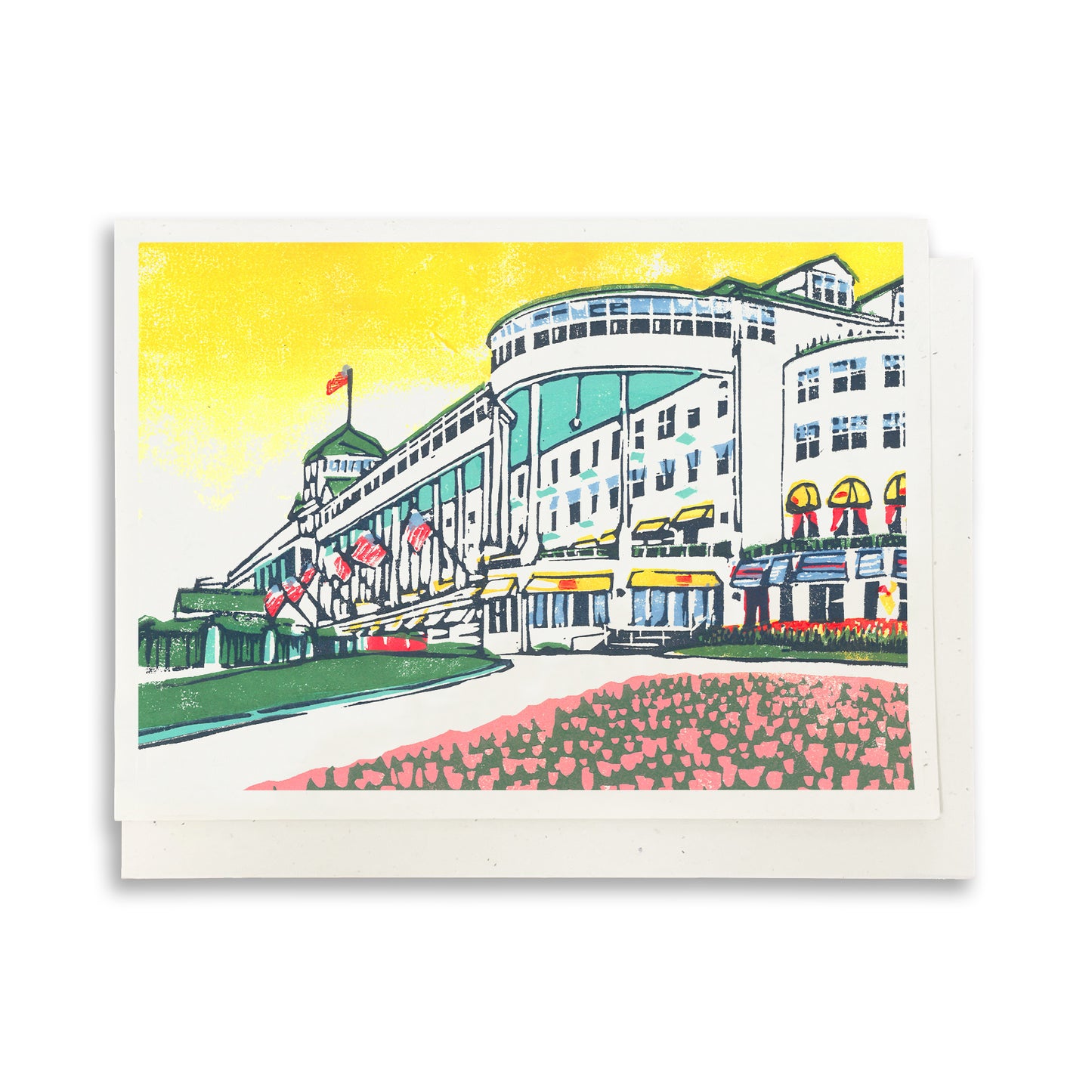 A casually elegant card featuring Mackinac Island art by Natalia Wohletz of Peninsula Prints titled The Grand Hotel.