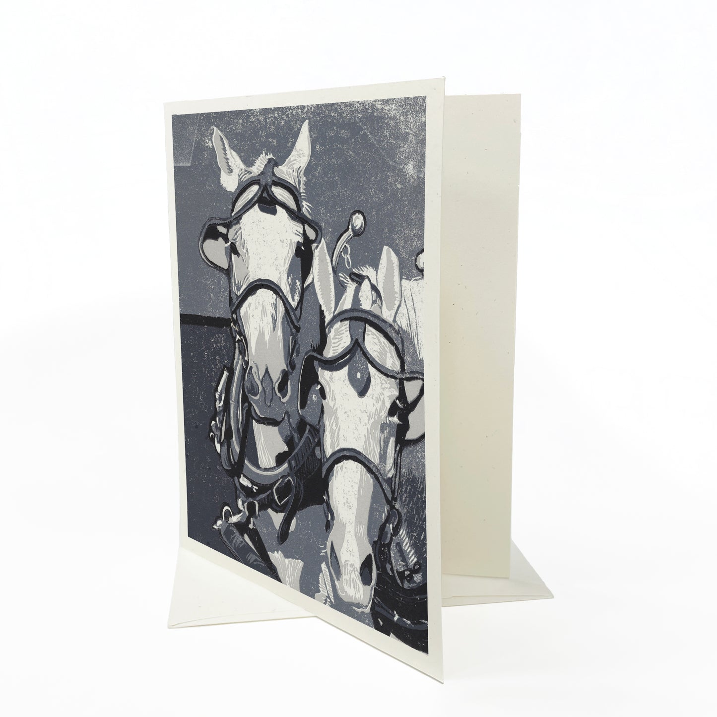 A casually elegant card featuring Mackinac Island horses art by Natalia Wohletz of Peninsula Prints titled Two Horse Team.