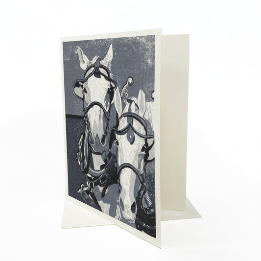 A casually elegant card featuring Mackinac Island horses art by Natalia Wohletz of Peninsula Prints titled Two Horse Team.